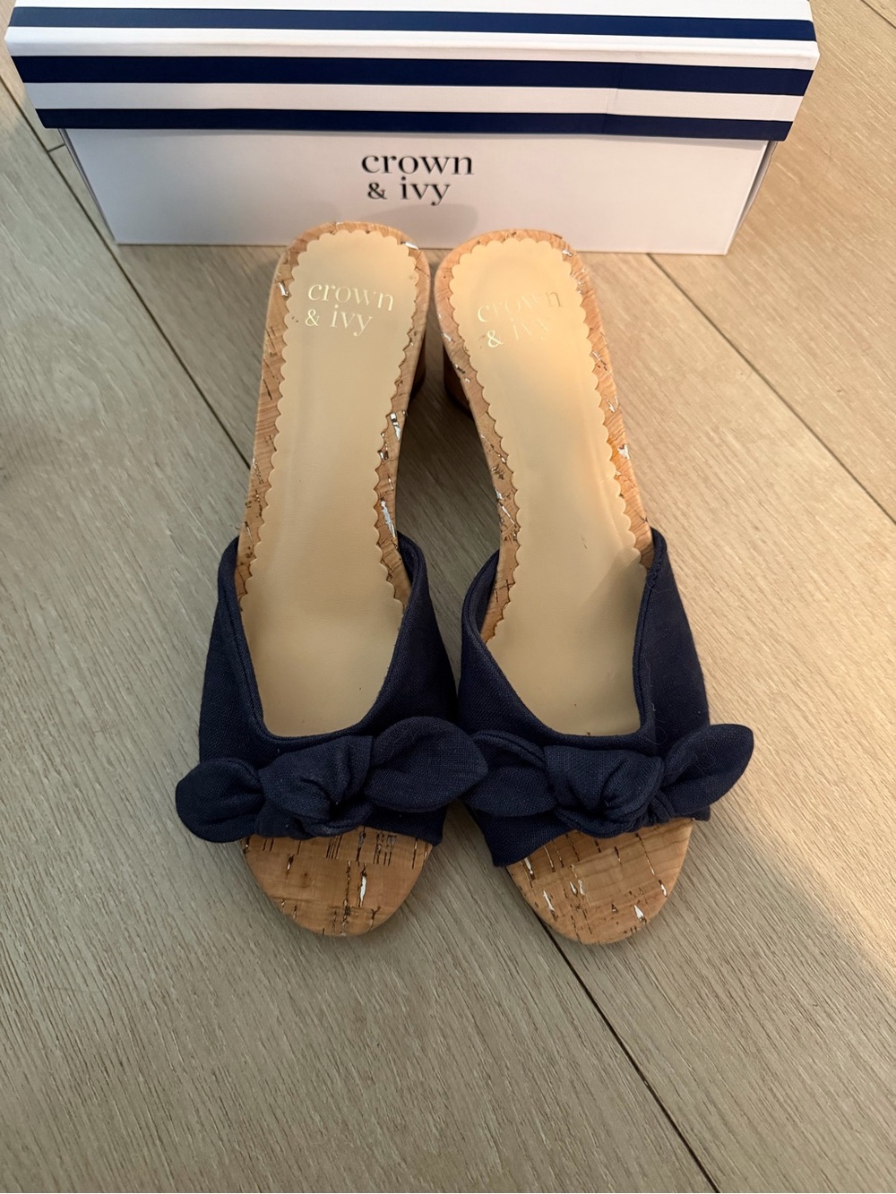 Crown & Ivy Navy Bow Cork Heel Sandals